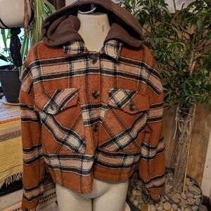 Women's Cropped Brown CiSono Outerwear Removable Hood Soft Brushed Pld Jkt Sz Lg